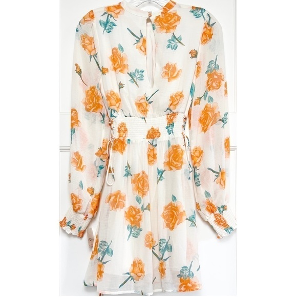 NWT FREE PEOPLE Floral Chiffon Puff Long Sleeve Smock Cuff Lace Up Side Dress XS - Picture 6 of 9